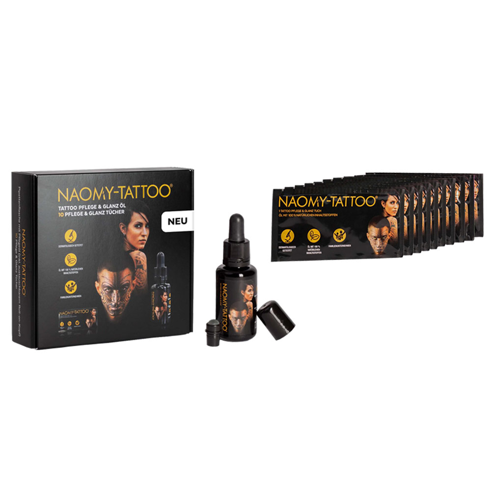 Naomy-Tattoo Öl & 10 Naomy-Tattoo Glanz- und Pflegetücher Naomy-Tattoo Öl & 10 Naomy-Tattoo Glanz- und Pflegetücher