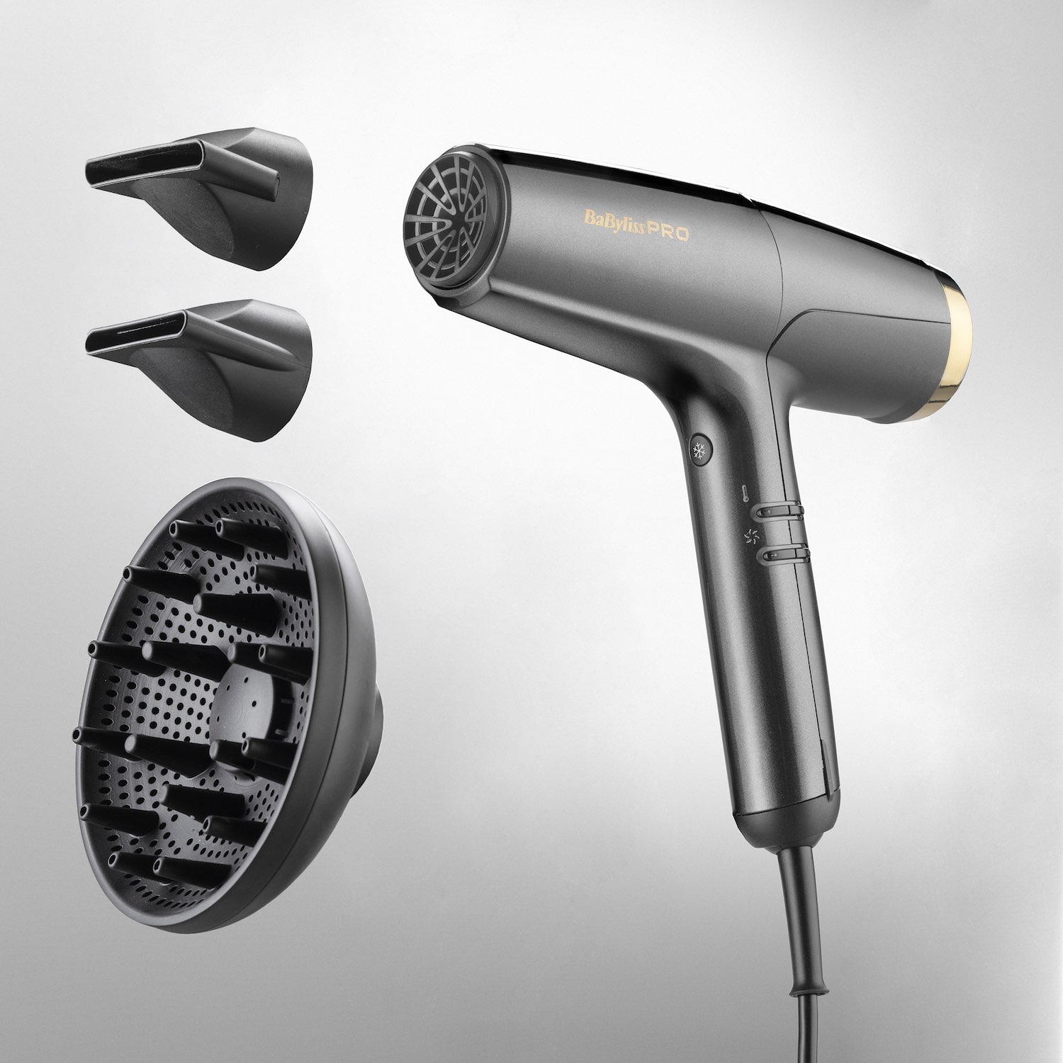 BaBylissPRO Falco Haartrockner Digital Highspeed Grau/Gold BAB8550E
